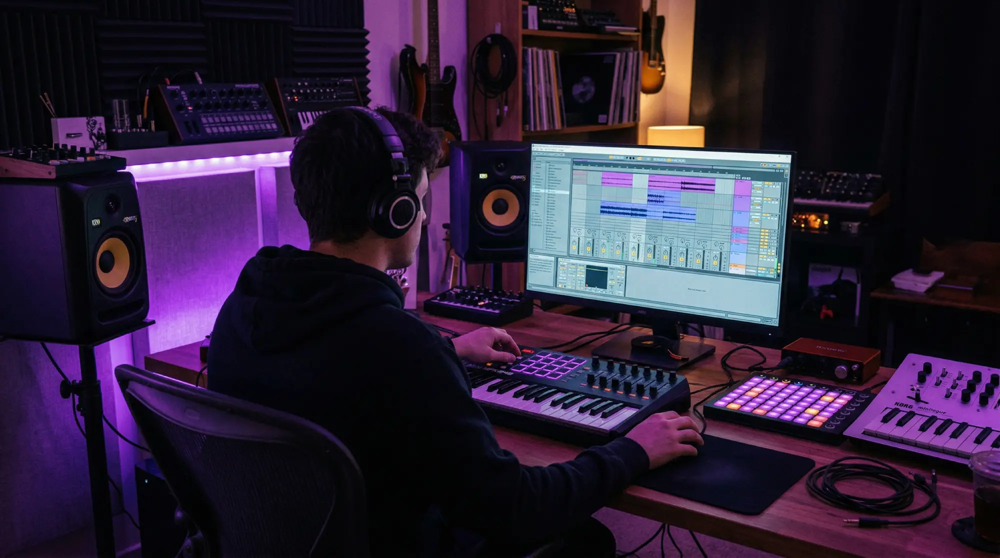 Producer in bedroom studio with equipment